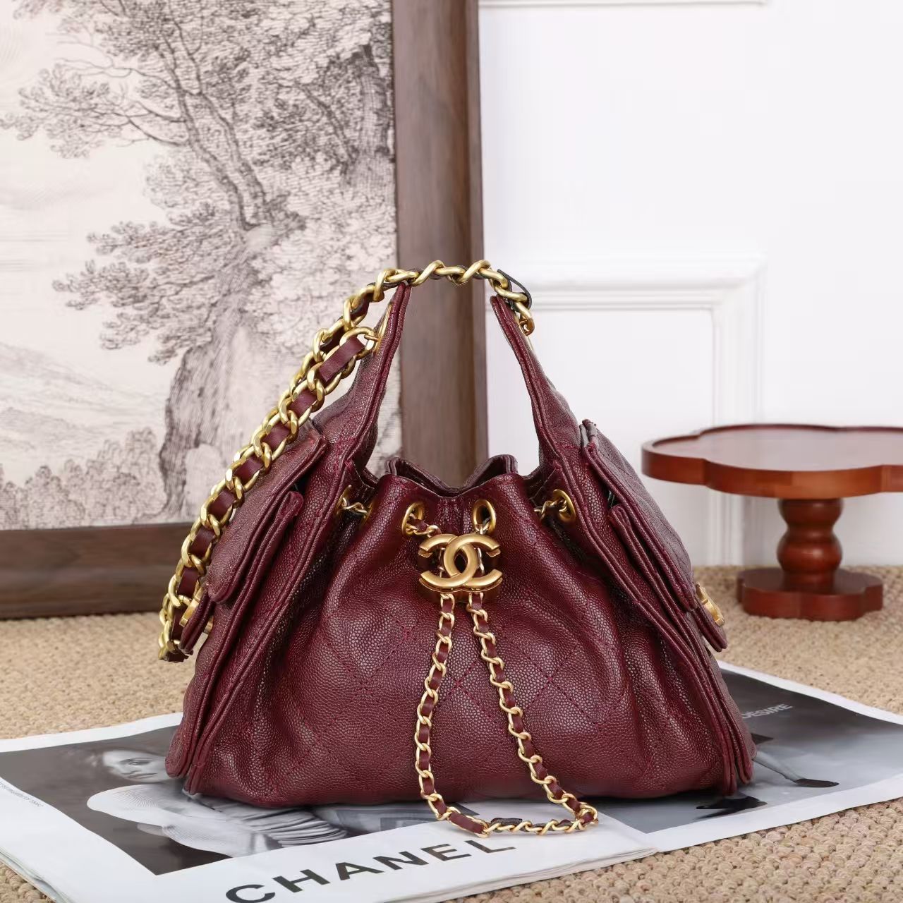 Chanel – Quilted Drawstring Bucket Bag (Burgundy with Gold Hardware)