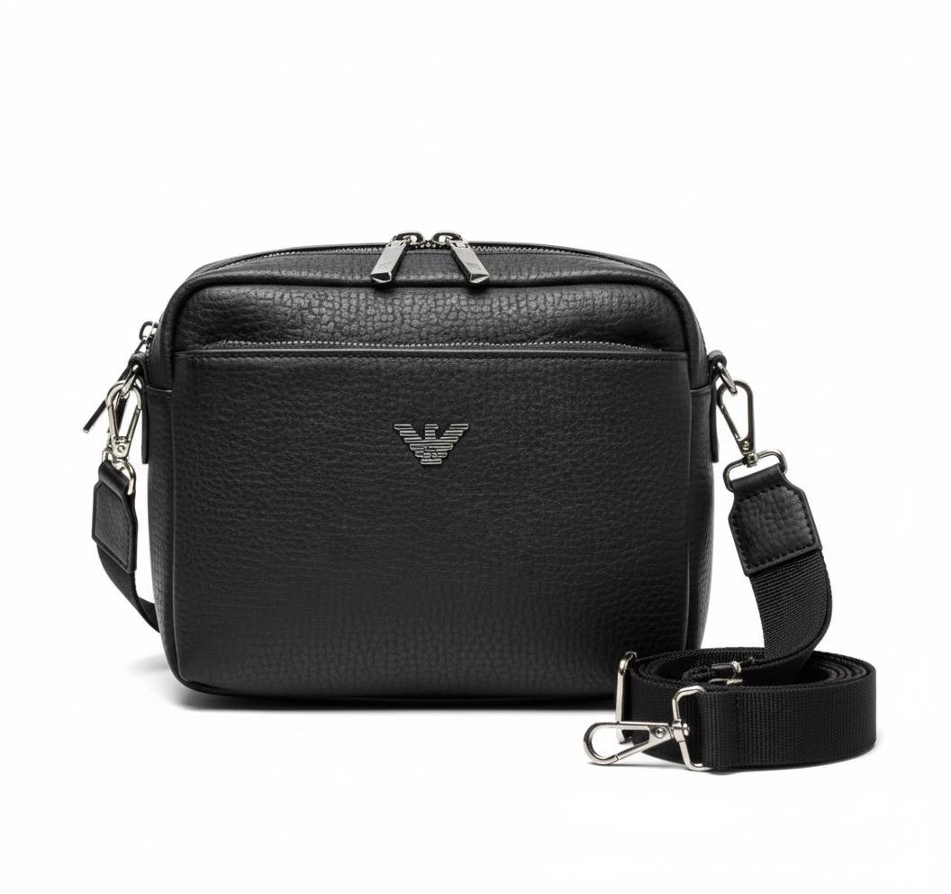 Emporio Armani Signature Crossbody Bag – Black Pebbled Leather