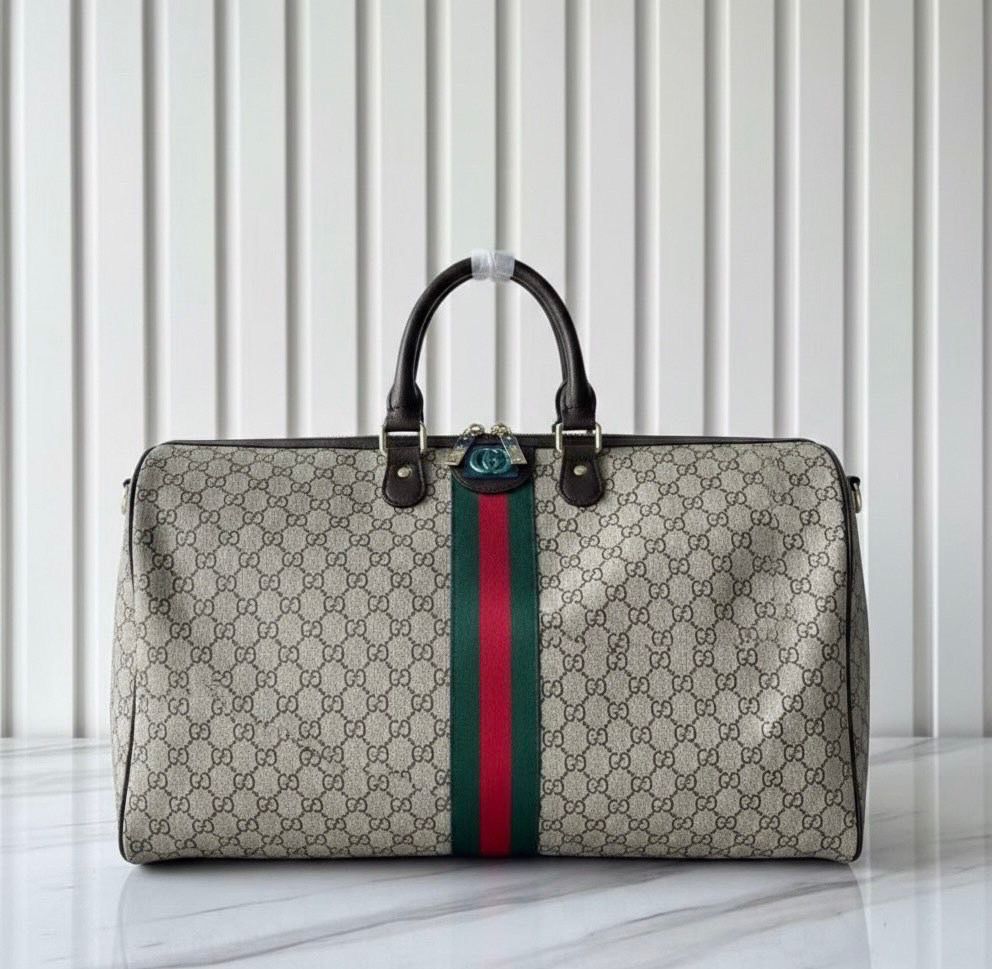 Gucci GG Supreme Canvas Duffle Bag with Web Stripe – Beige & Ebony