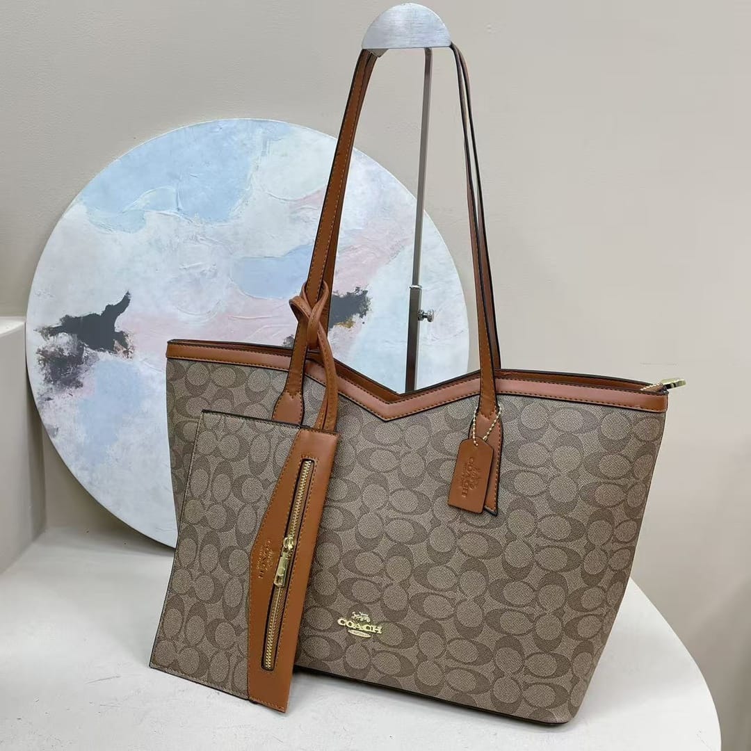 Coach – Signature PVC City Tote (Khaki Brown) with Matching Zip Pouch