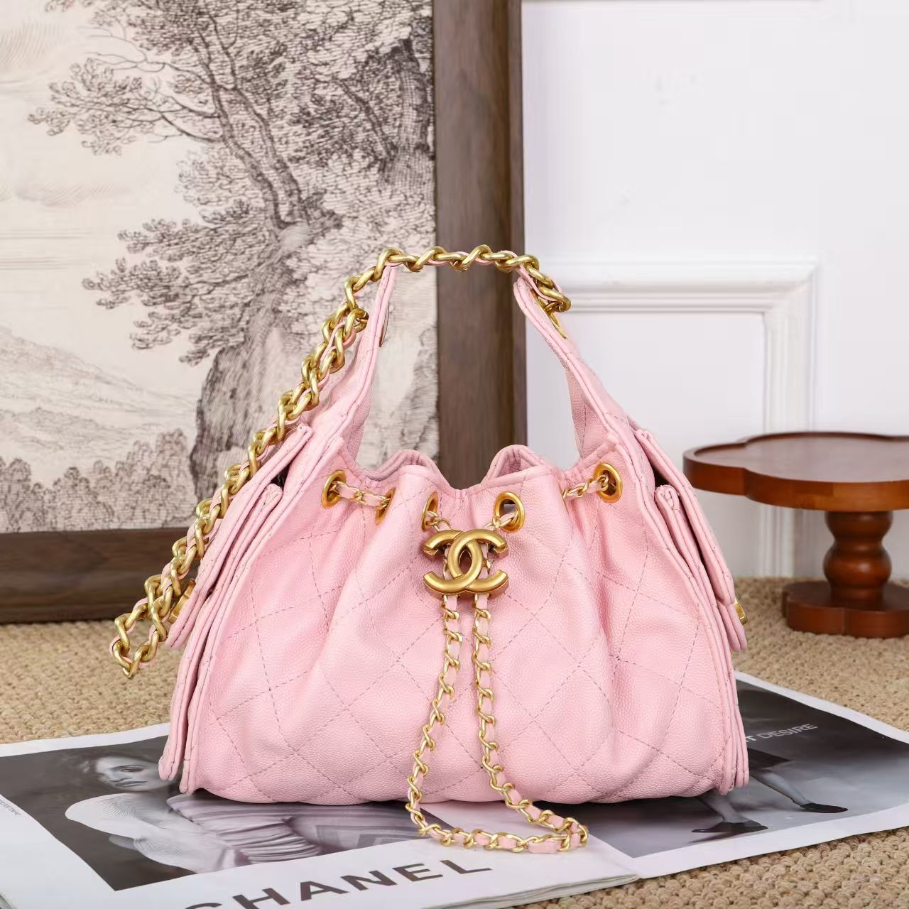 Chanel – Quilted Drawstring Bucket Bag (Baby Pink with Gold Hardware)