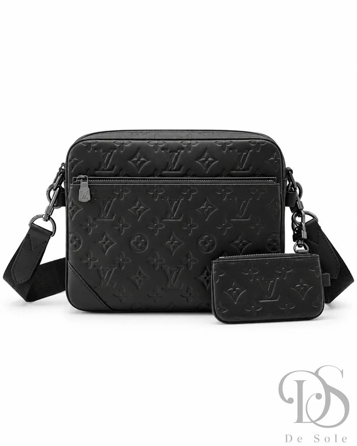Lv Monogram Embossed Leather Crossbody Bag Set – Black (with Mini Pouch)
