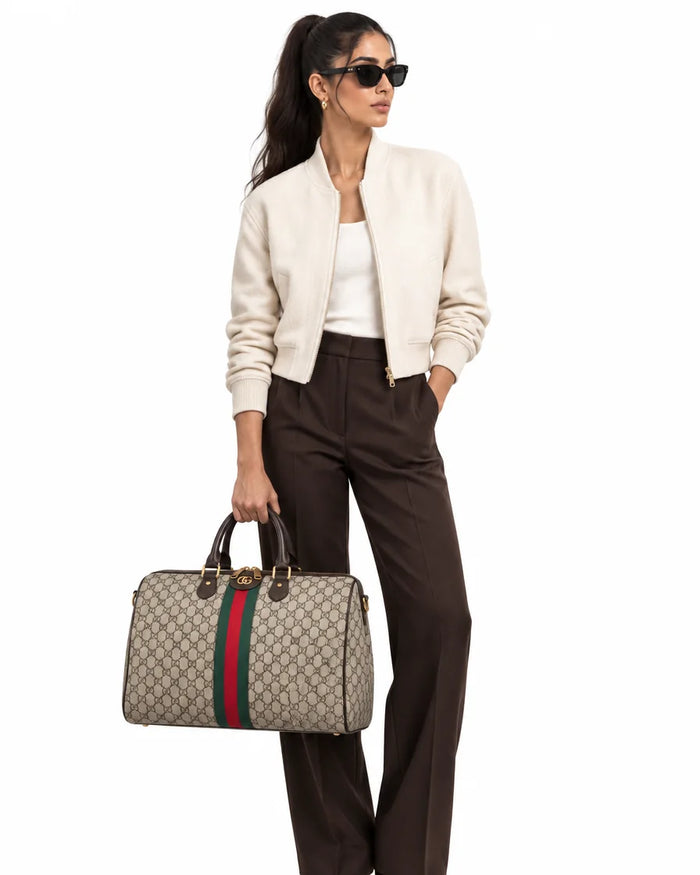 GG Supreme Canvas Duffle Bag with Web Stripe – Beige & Ebony - model