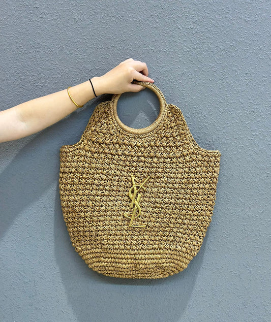 YSL – Panier Raffia Tote Bag (Natural Straw with Gold YSL Logo)