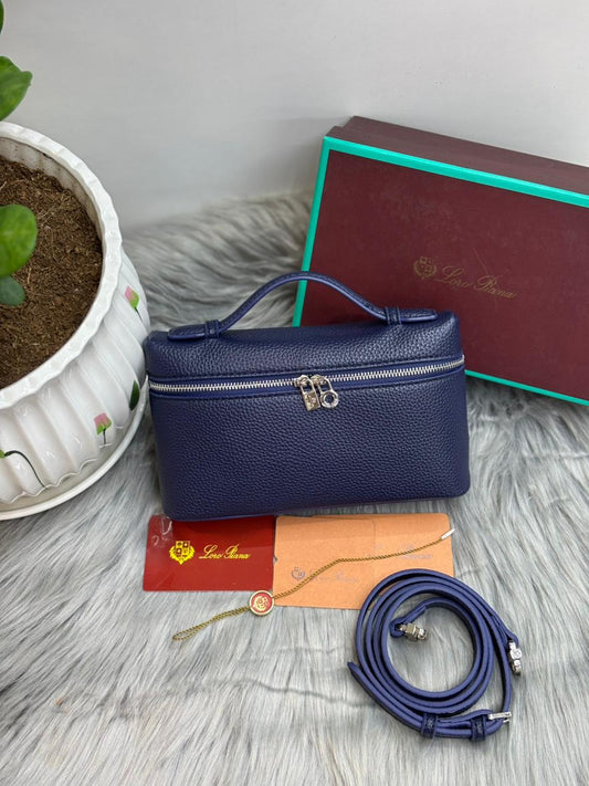 Loro Piana Pebble Leather Top-Handle Crossbody – Navy Blue