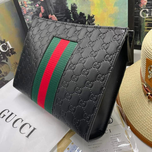 Gucci Black Embossed GG Web Stripe Clutch Bag