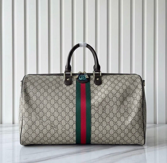 Gucci GG Supreme Canvas Duffle Bag with Web Stripe – Beige & Ebony