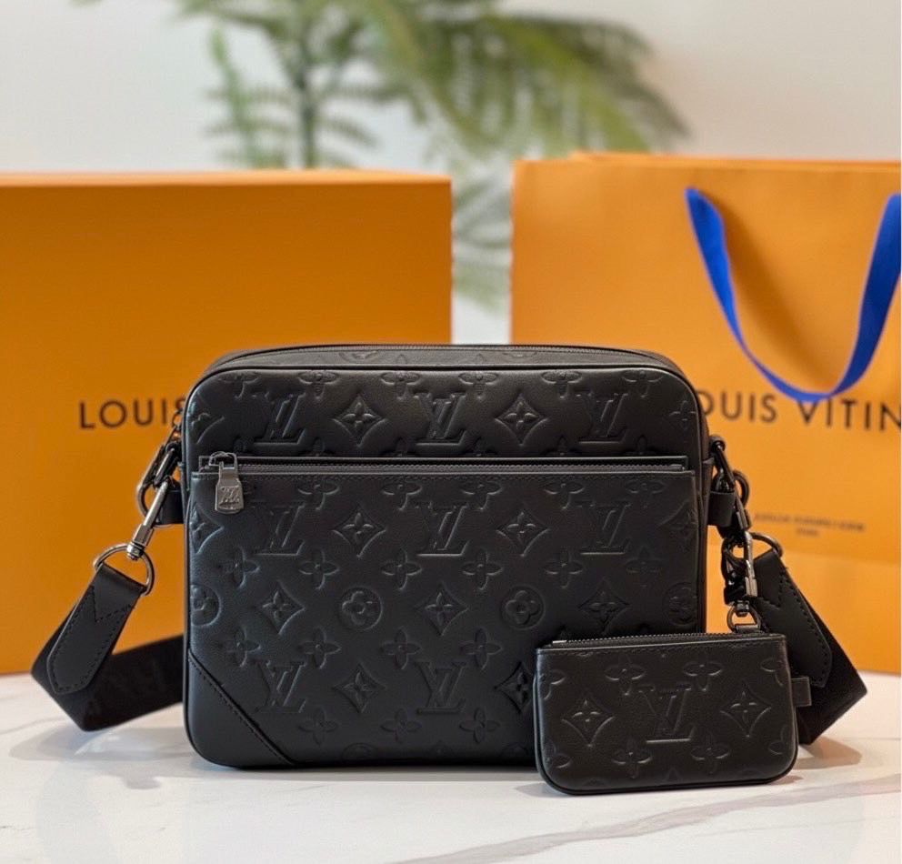 Lv Monogram Embossed Leather Crossbody Bag Set – Black (with Mini Pouch)
