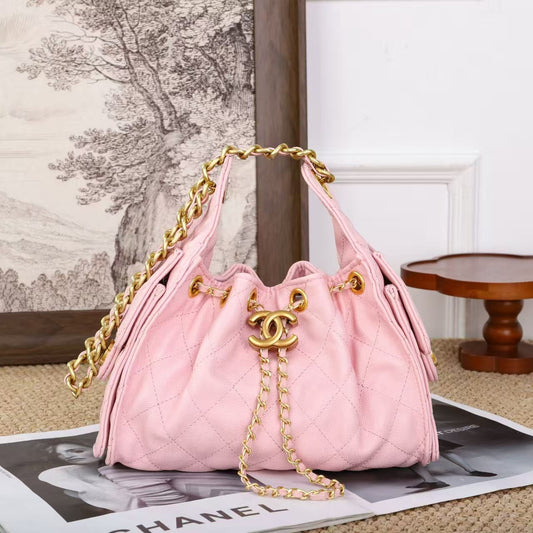 Chanel – Quilted Drawstring Bucket Bag (Baby Pink with Gold Hardware)