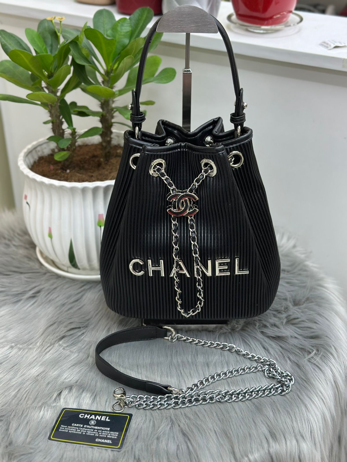 Chanel – Pleated Drawstring Bucket Bag (Black)