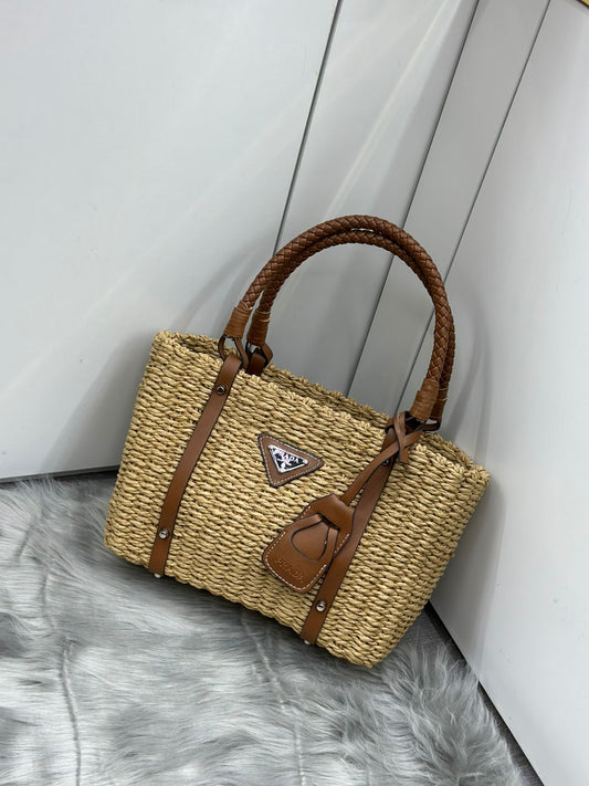 Prada – Woven Raffia Tote Bag (Natural & Tan)