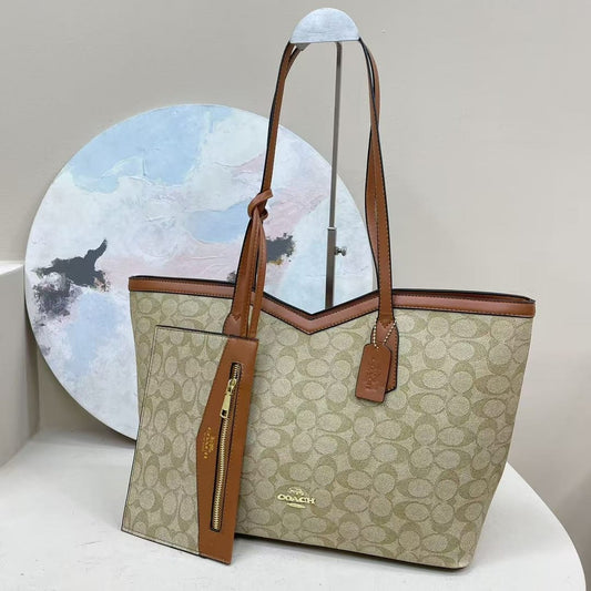 Coach – Signature PVC City Tote (Khaki/Saddle Brown) with Matching Pouch