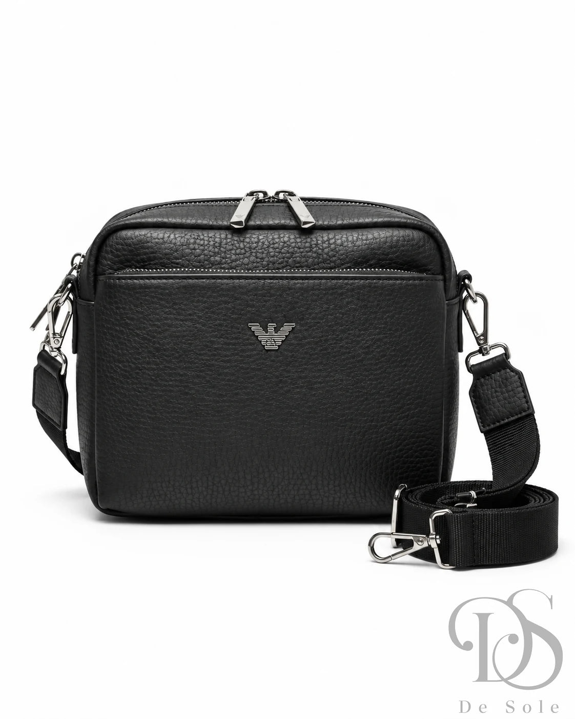 Emporio Armani Signature Crossbody Bag – Black Pebbled Leather