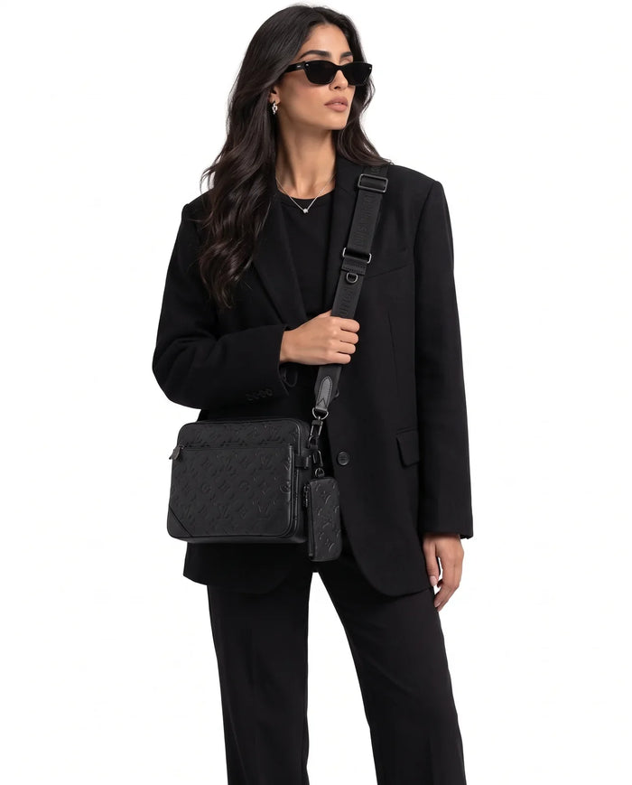 Lv Monogram Embossed Leather Crossbody Bag Set – Black (with Mini Pouch) - model