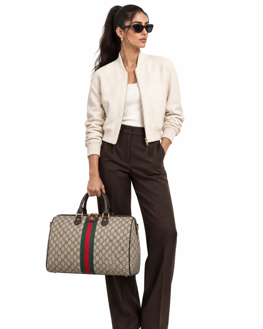 GG Supreme Canvas Duffle Bag with Web Stripe – Beige & Ebony - model