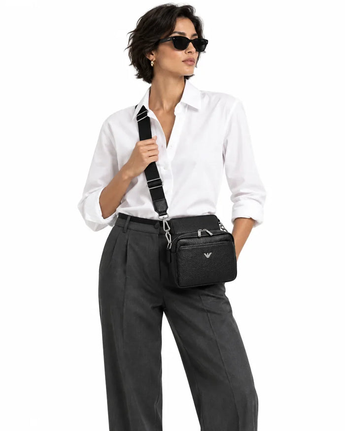 Emporio Armani Signature Crossbody Bag – Black Pebbled Leather - model