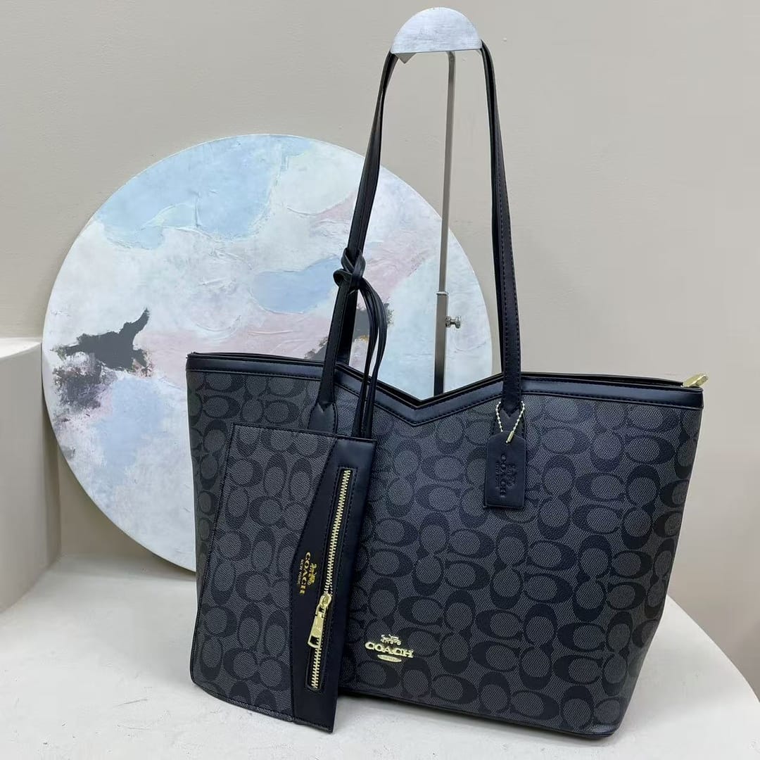 Coach – Signature PVC City Tote (Black/Grey) with Matching Pouch