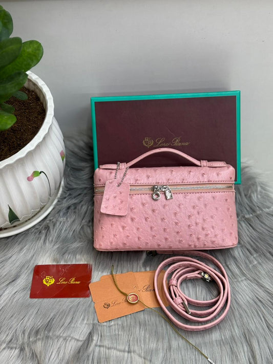 Loro Piana Ostrich-Texture Top-Handle Crossbody – Blush Pink