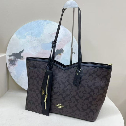 Coach – Signature PVC City Tote (Dark Brown/Black) with Matching Pouch
