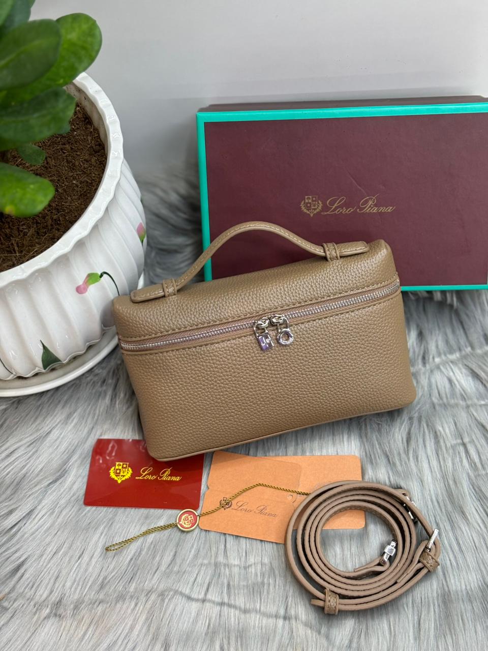 Loro Piana Pebble Leather Top-Handle Crossbody – Beige Taupe