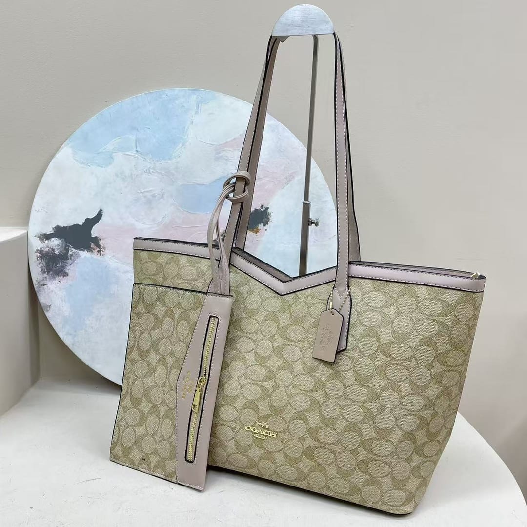 Coach – Signature PVC City Tote (Beige/Taupe) with Matching Pouch