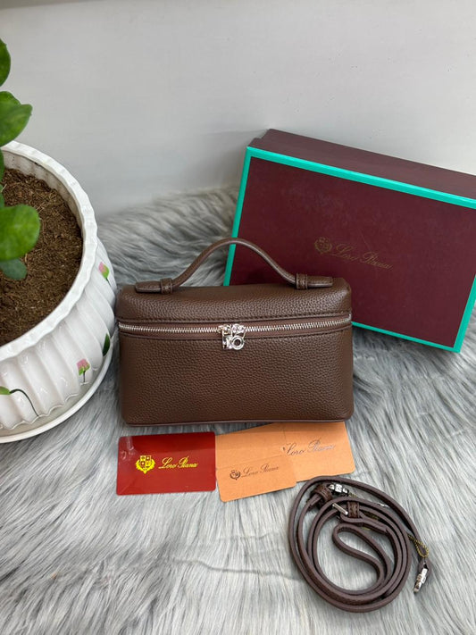 Loro Piana Pebble Leather Top-Handle Crossbody – Brown