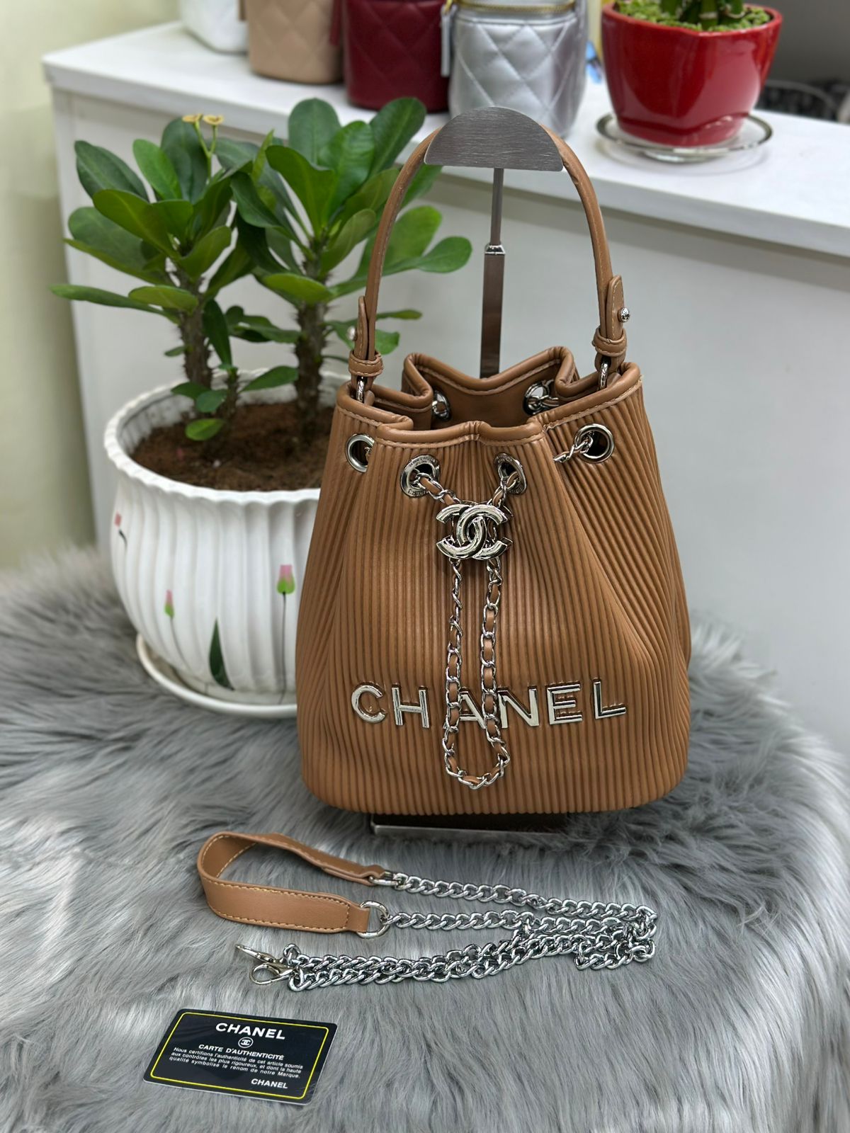 Chanel – Pleated Drawstring Bucket Bag (Caramel Tan)